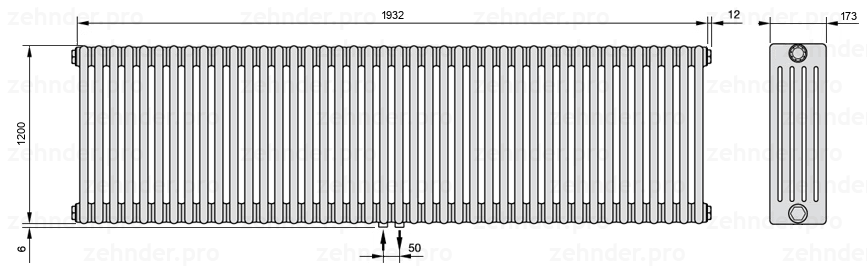 Схема (чертеж) Радиатор Zehnder Charleston 5120/42 №3470 Белый глянцевый RAL 9016